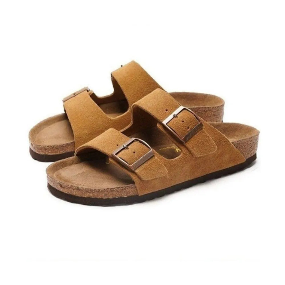 Camel suede slide sandals with adjustable buckle straps and cork sole