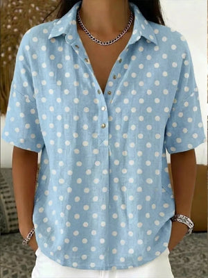 Full Size Polka Dot Short Sleeve Shirt Plus Size in Purple