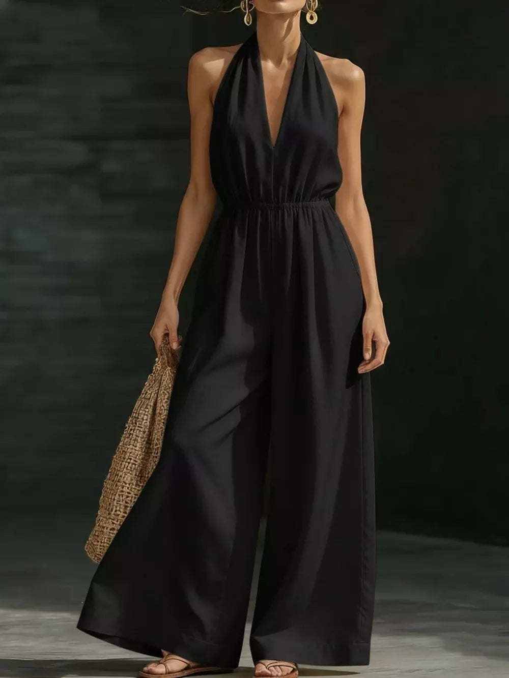 Black halter jumpsuit with deep V-neck, elastic waist, and wide-leg pants.