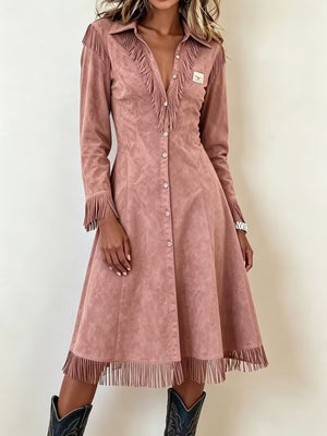 Beige shirt dress with fringe and long sleeve