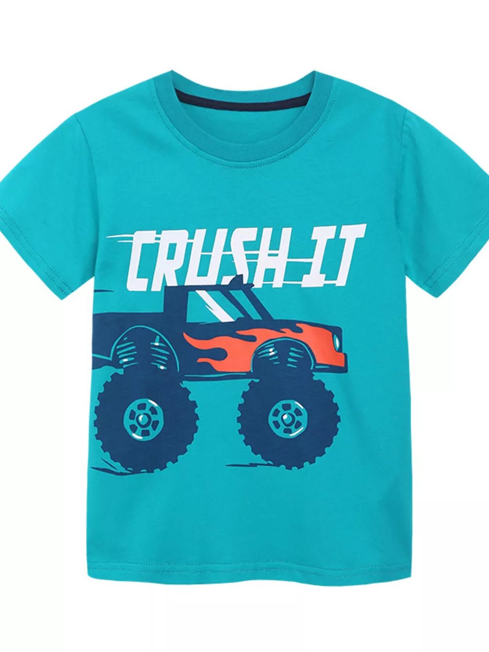 Teal cotton blend crew neck t-shirt with monster truck graphic and Crush It text.