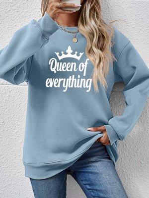 Misty Blue graphic sweatshirt with "Queen of everything" text and crown design.