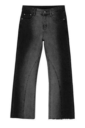 Dark wash cotton flare jeans with seam details and raw hem