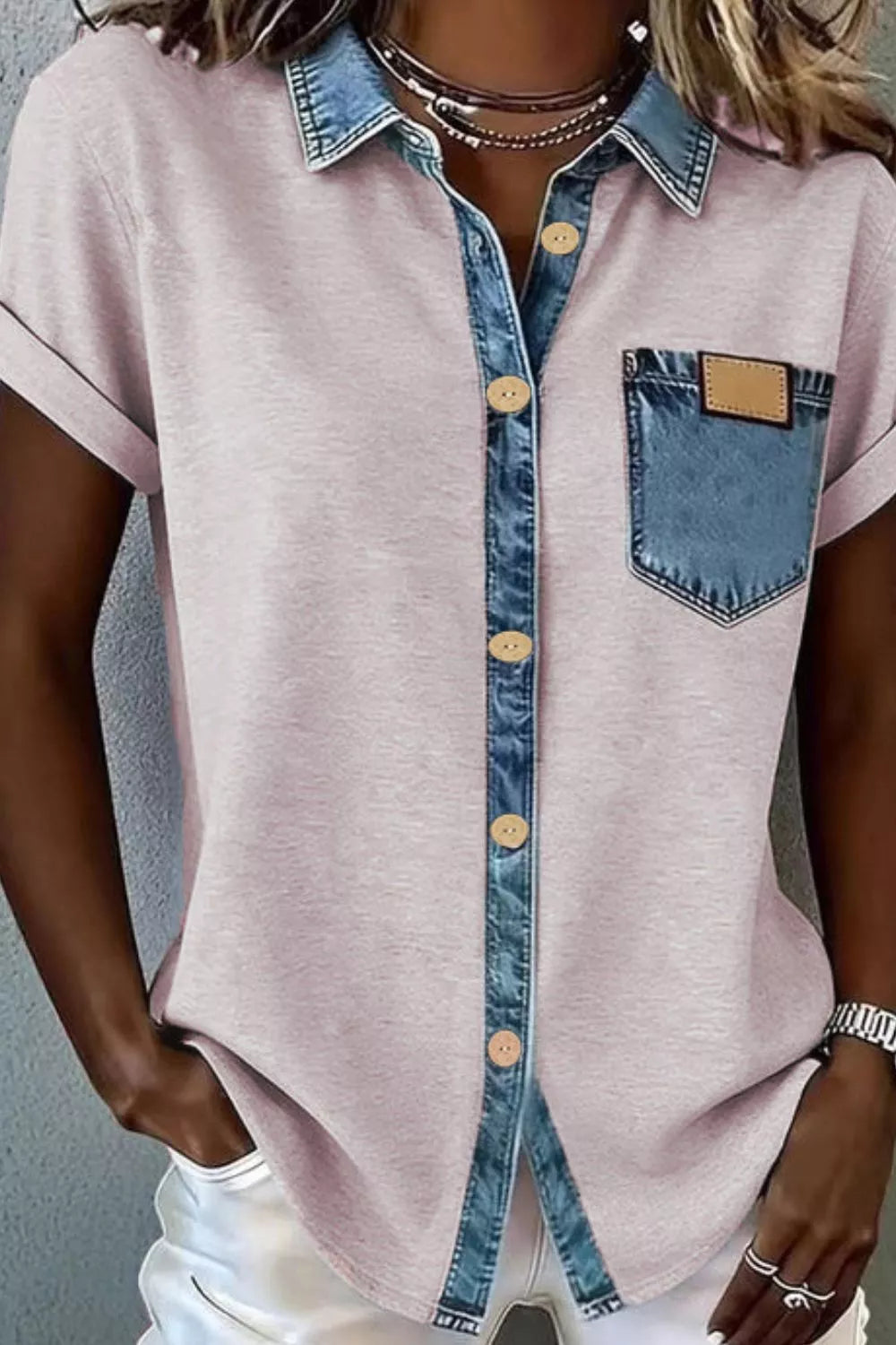 Blush pink short sleeve button-down overshirt with denim collar and pocket detail