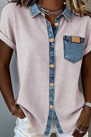 Blush pink short sleeve button-down overshirt with denim collar and pocket detail