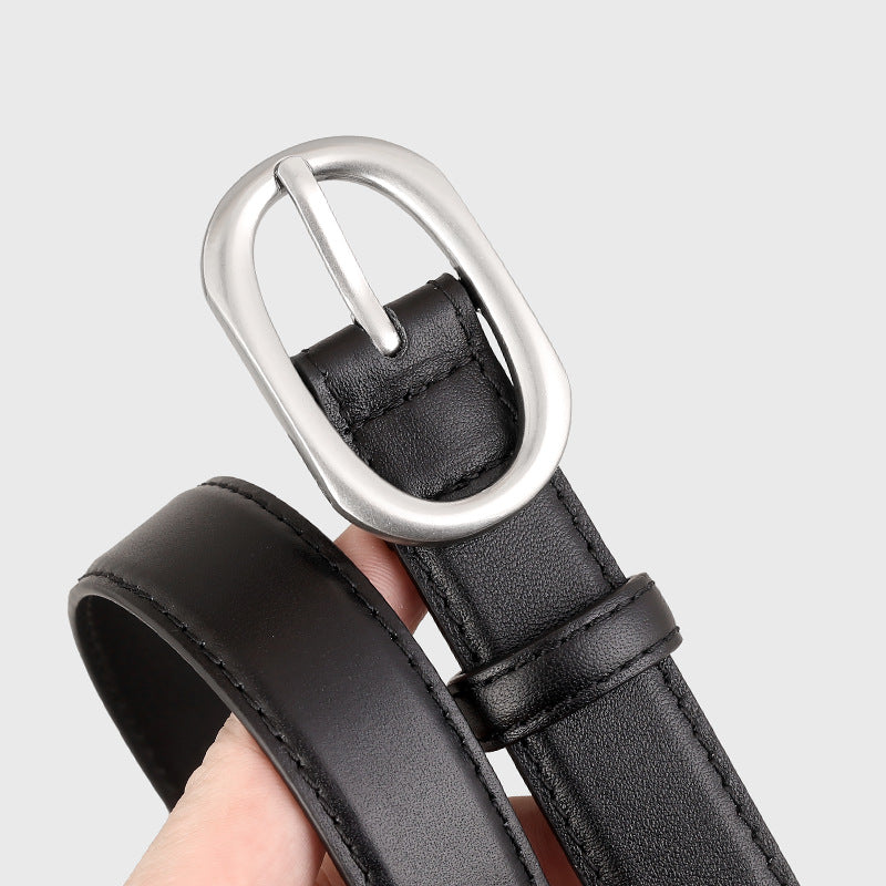 Black leather belt with brushed silver oval buckle