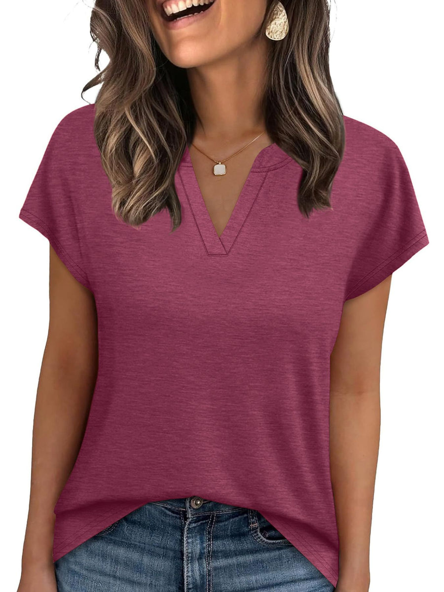 Burgundy heathered t-shirt with short sleeves and a notched V-neck.