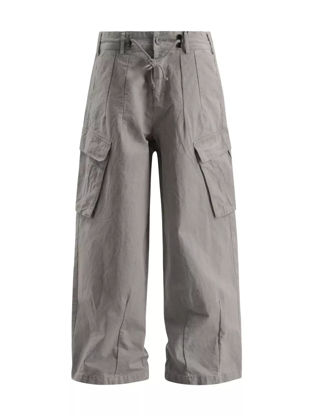 Grey wide-leg cargo pants with drawstring waist and flap pockets
