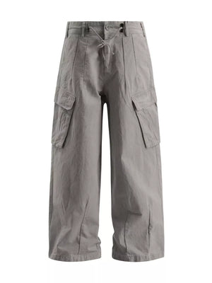 Grey wide-leg cargo pants with drawstring waist and flap pockets