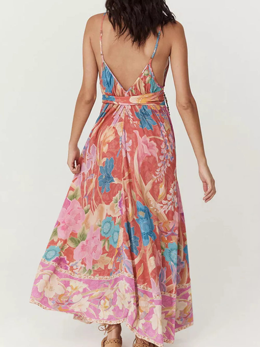 Floral print spaghetti strap maxi dress with V-neck and tie waist.