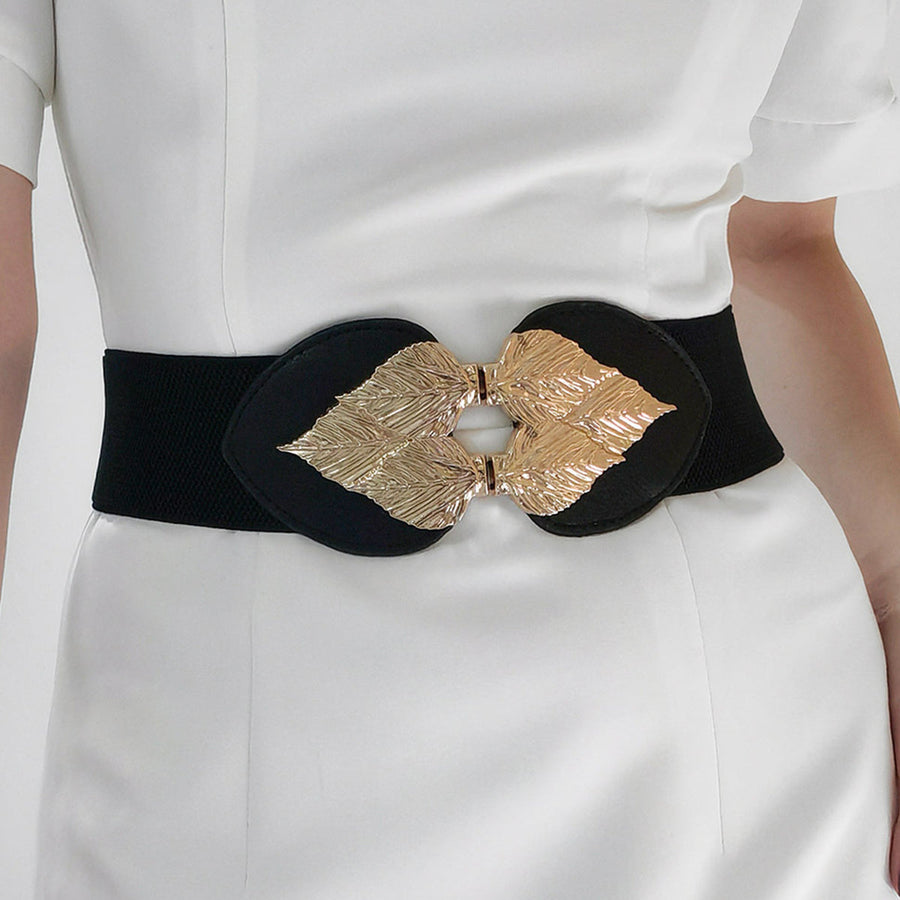 Black elasticated waist cincher with gold leaf motif buckle detail
