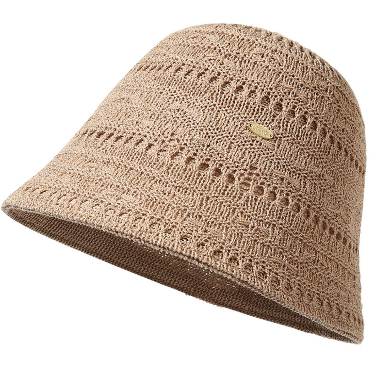 Beige ventilated knitted bucket hat with openwork pattern and small logo tag.