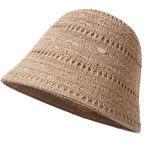 Beige ventilated knitted bucket hat with openwork pattern and small logo tag.