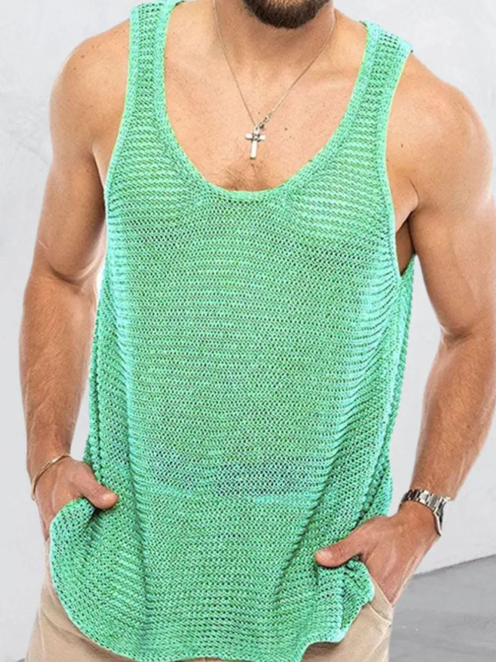 Open-knit scoop neck tank top in Gum Leaf green acrylic with a relaxed fit.