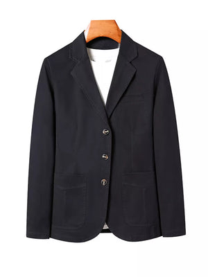 Black cotton lapel blazer with button front and patch pockets.