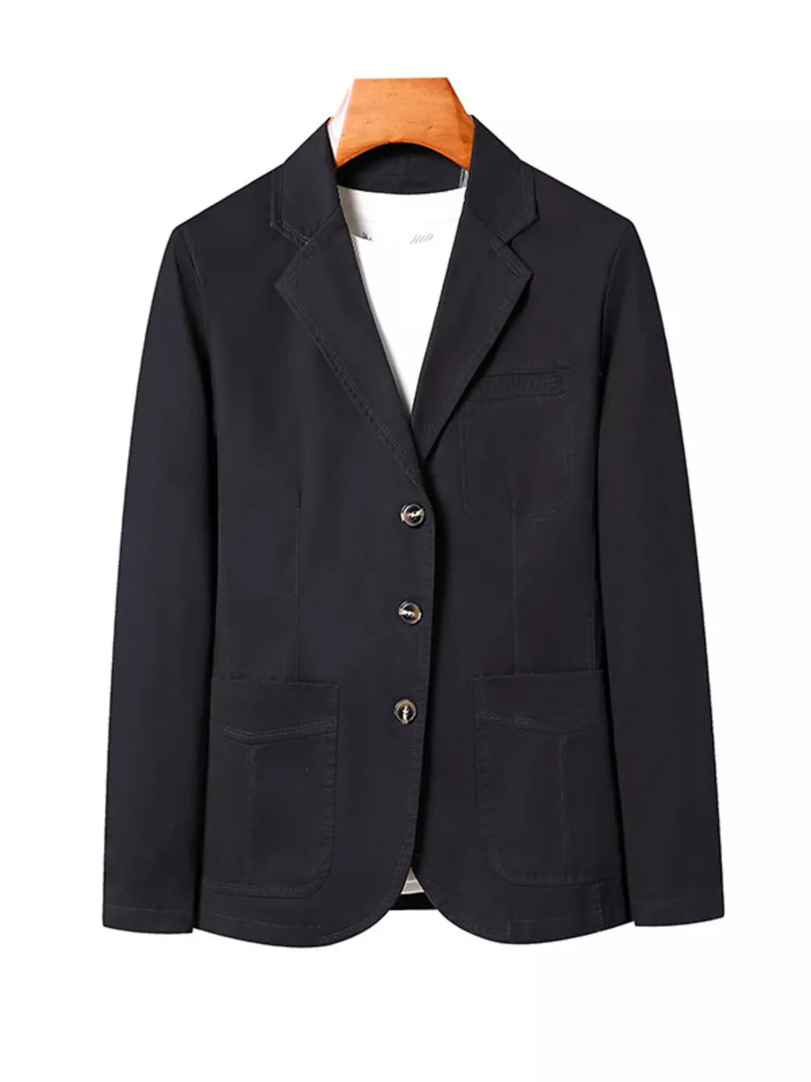 Black cotton lapel blazer with button front and patch pockets.