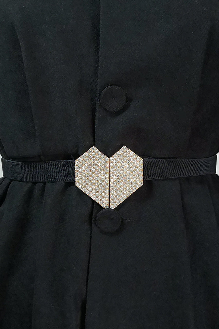 Black belt with a geometric crystal heart buckle detail.