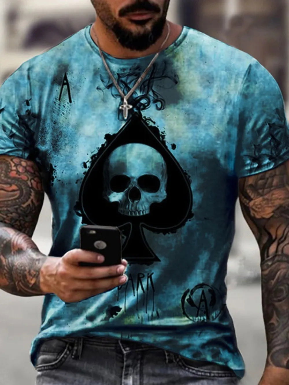 Cerulean cotton t-shirt with skull ace of spades graphic print