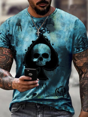 Cerulean cotton t-shirt with skull ace of spades graphic print