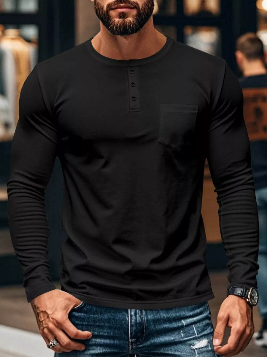 Black long sleeve henley t-shirt with button placket and chest pocket.
