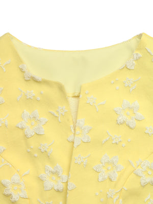 light yellow dress and cardigan set with cropped cardigan and long sleeve, sleeveless