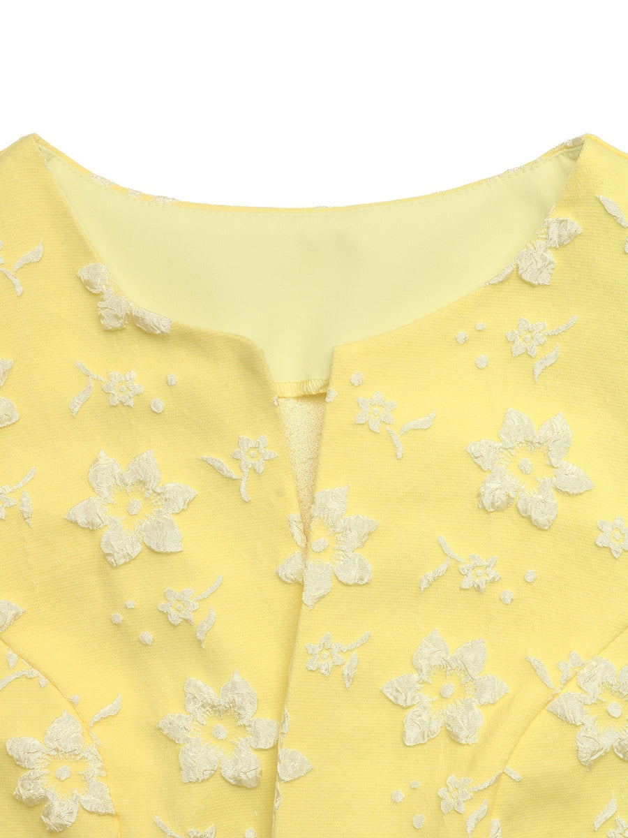 light yellow dress and cardigan set with cropped cardigan and long sleeve, sleeveless