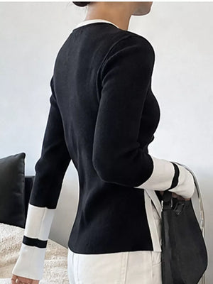 pullover sweater in black with striped and ribbed