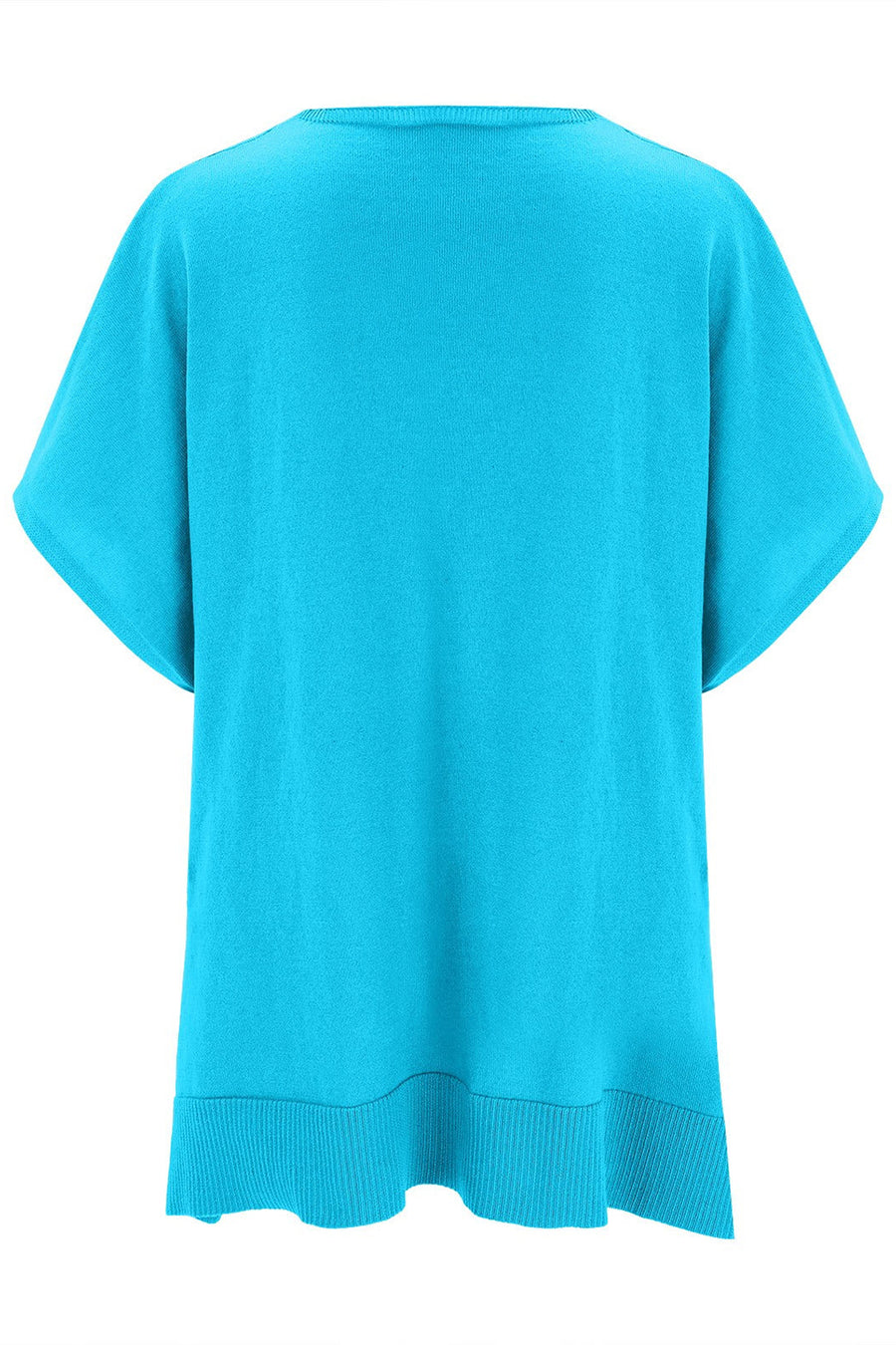 Cerulean knit poncho top with V-neck and short sleeves, ribbed hem detail.
