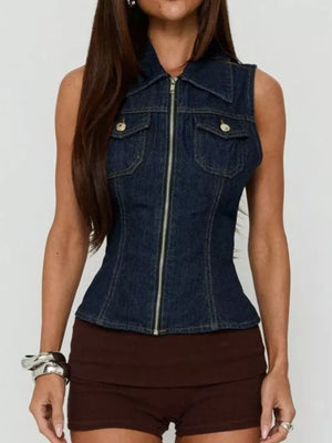 vest in indigo featuring chest pockets and fitted fit