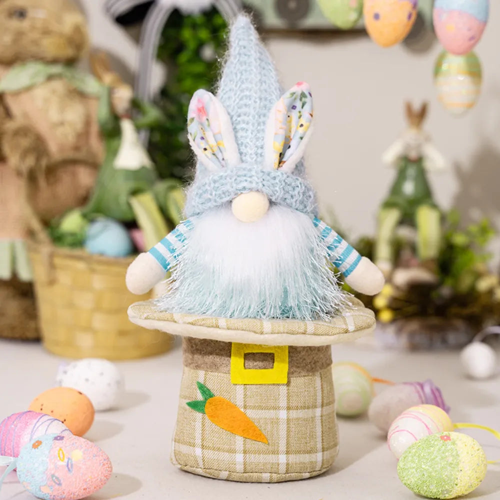 Easter gnome with blue bunny hat and carrot decor, white beard, blue striped sleeves, on plaid base.