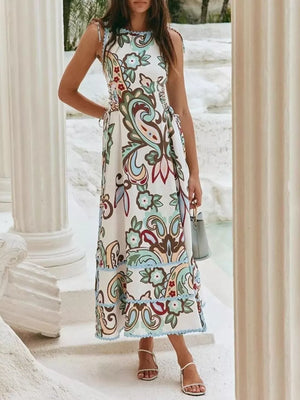 cream midi dress with paisley and round neck