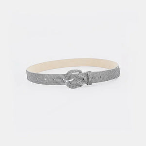 Silver micro-studded belt with a square buckle and light gray backing.