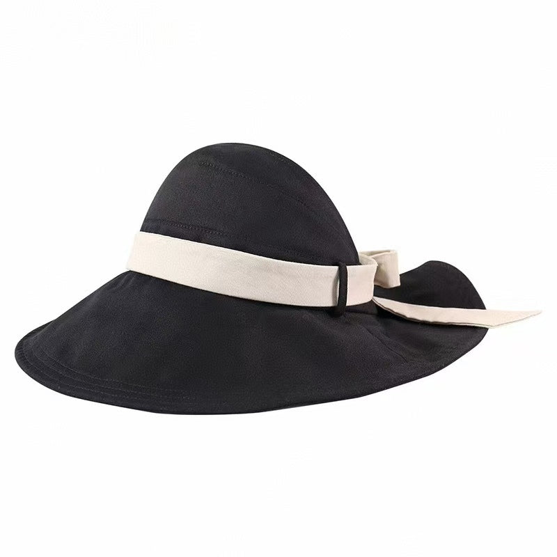 Black wide brim sun visor hat with cream band and bow detail