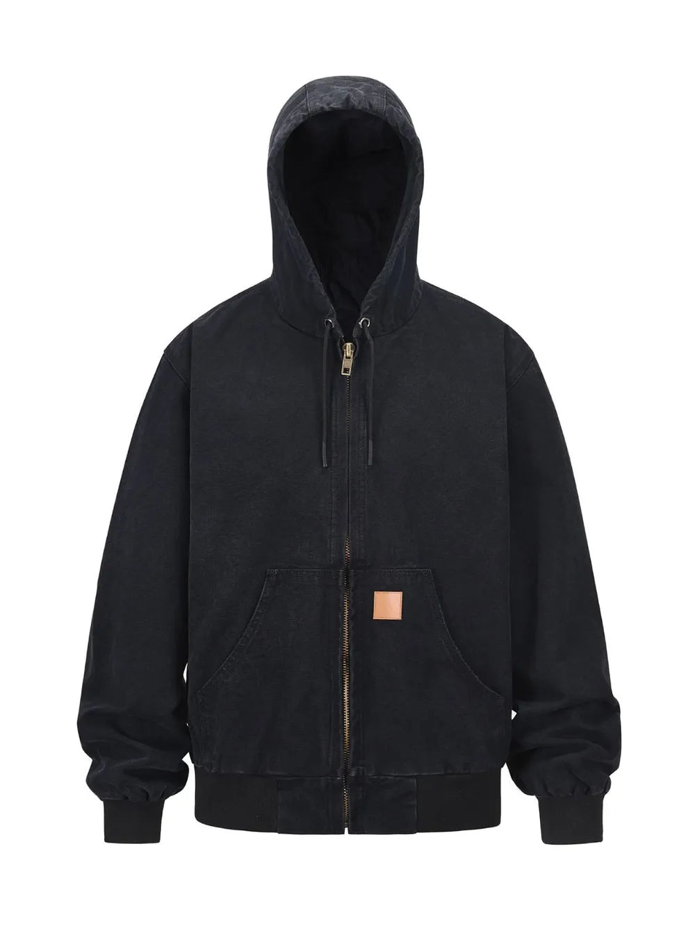 Black washed canvas workwear hoodie jacket with zip front and patch detail.