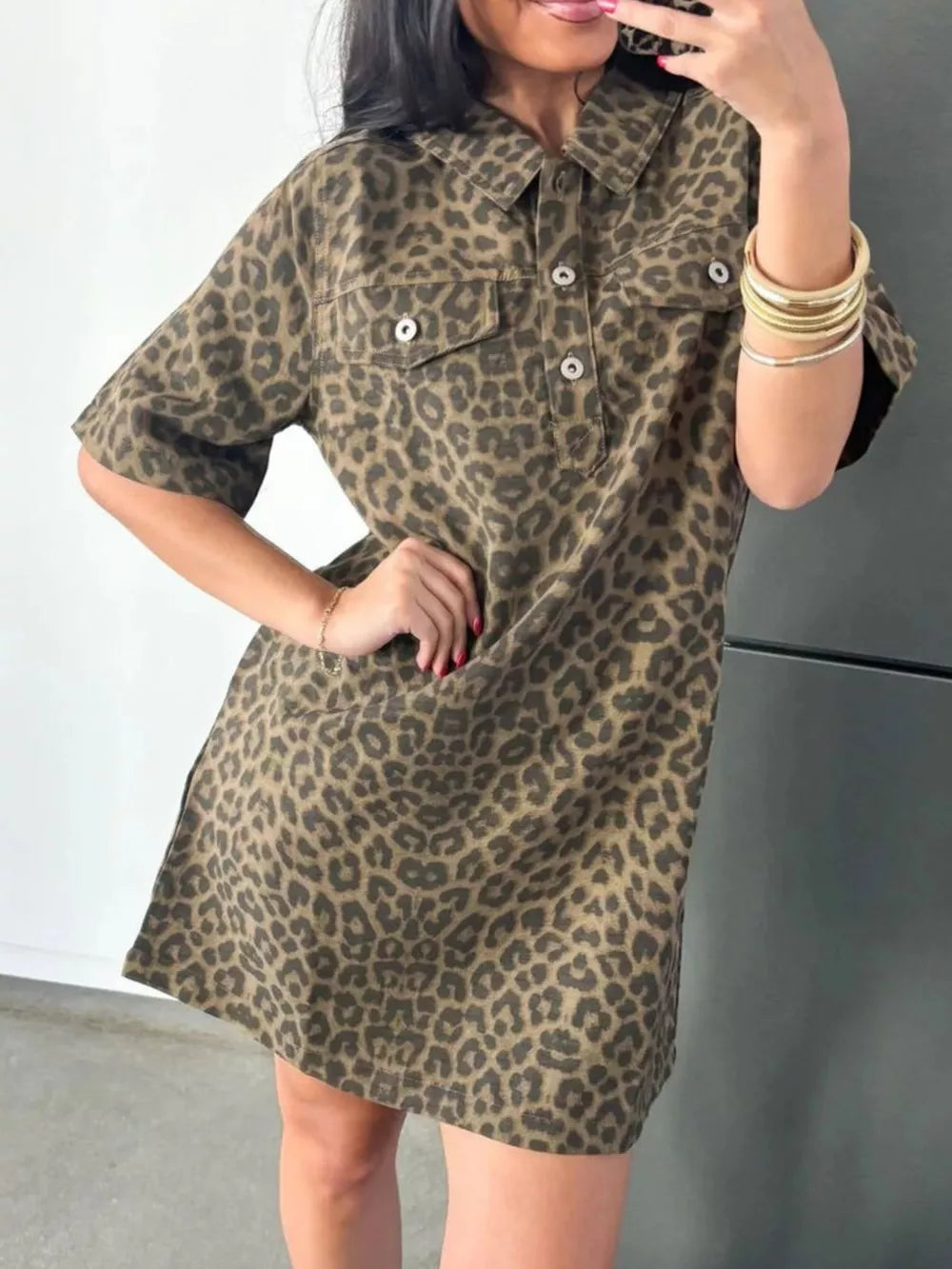 Leopard Print shirt dress with mini and half-button