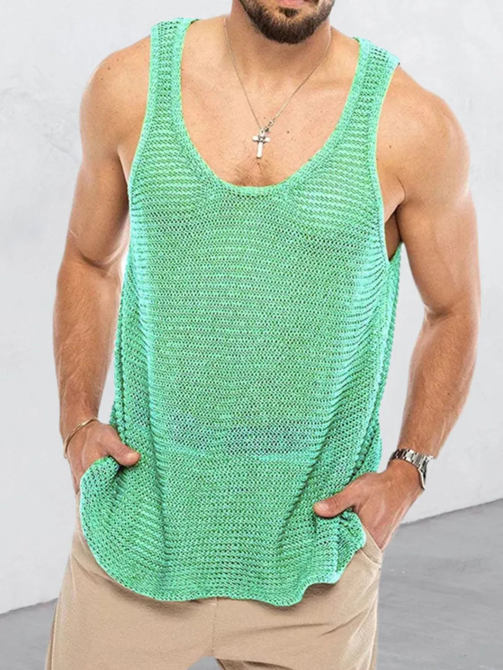 Open-knit scoop neck tank top in Gum Leaf green acrylic with a relaxed fit.