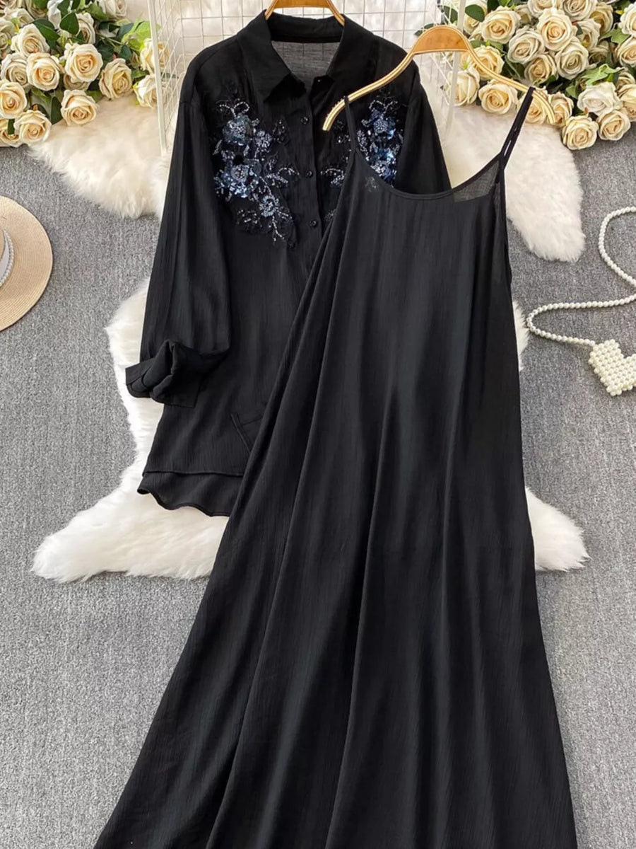 Black embroidered floral two-piece set with collared shirt and cami dress.