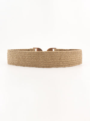 Khaki textured raffia belt with gold-tone double buckle detail