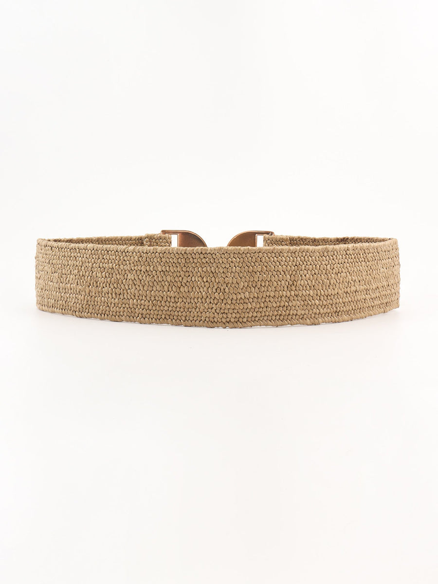 Khaki textured raffia belt with gold-tone double buckle detail