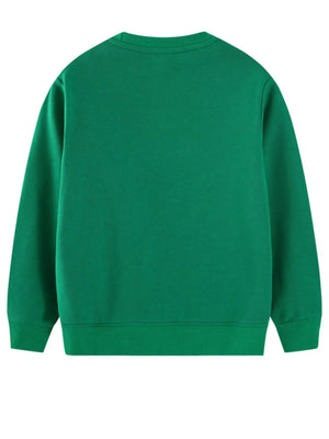 Kids' dark green cotton blend crewneck sweatshirt with ribbed cuffs and hem.