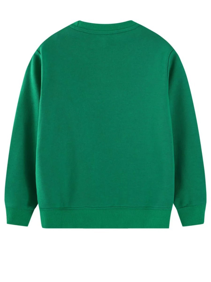 Kids' dark green cotton blend crewneck sweatshirt with ribbed cuffs and hem.