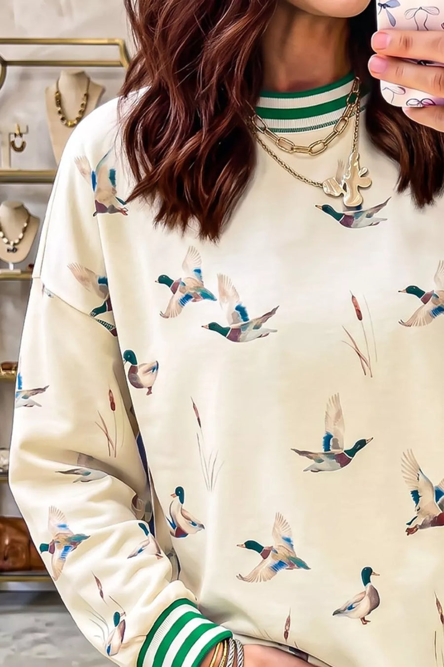 Beige with Whimsical Duck Print Sweatshirt