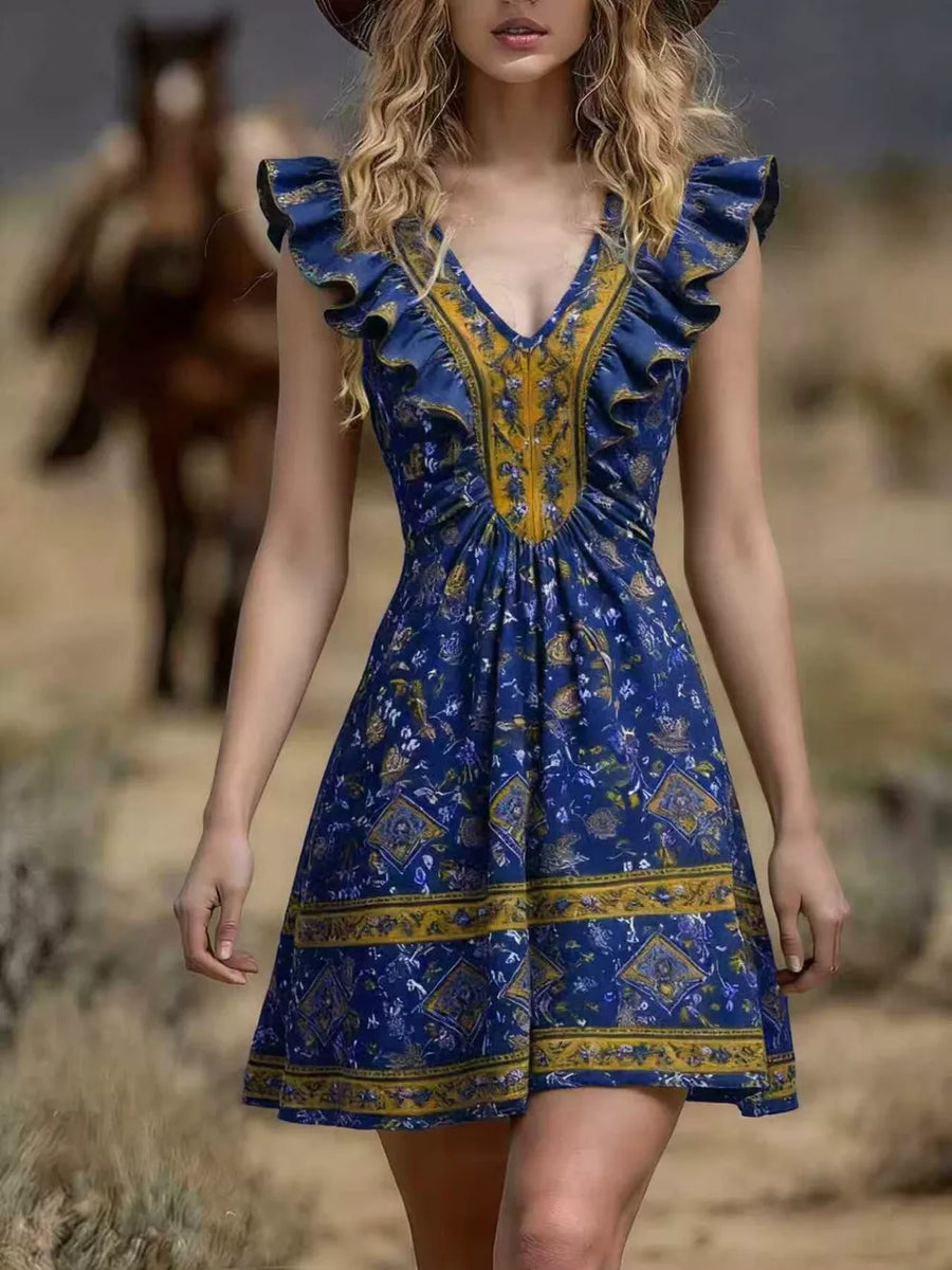 Ruffled V-neck Mini Dress in Coffee Brown