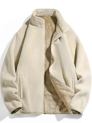 Fleece lined zip-up jacket in Apricot with stand collar and side pockets.