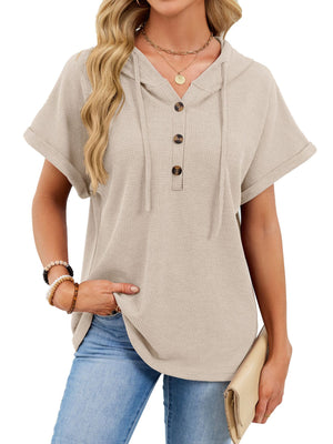 Apricot waffle knit short sleeve hooded top with button placket and drawstring.