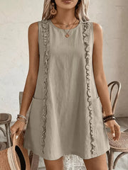 Khaki sleeveless dress with frill trim and pockets