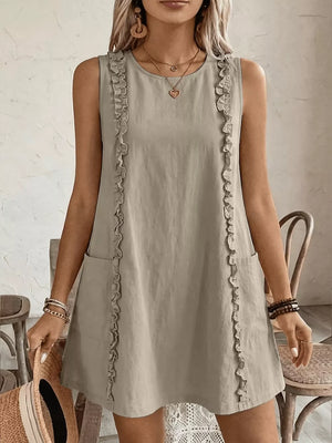 Khaki sleeveless dress with frill trim and pockets