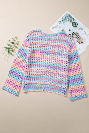 Pastel striped crochet beach cover-up with long sleeves and a crew neck.