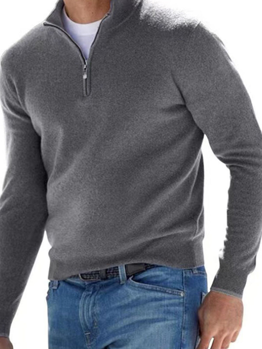 classic zip-up sweater in Purple with mock neck
