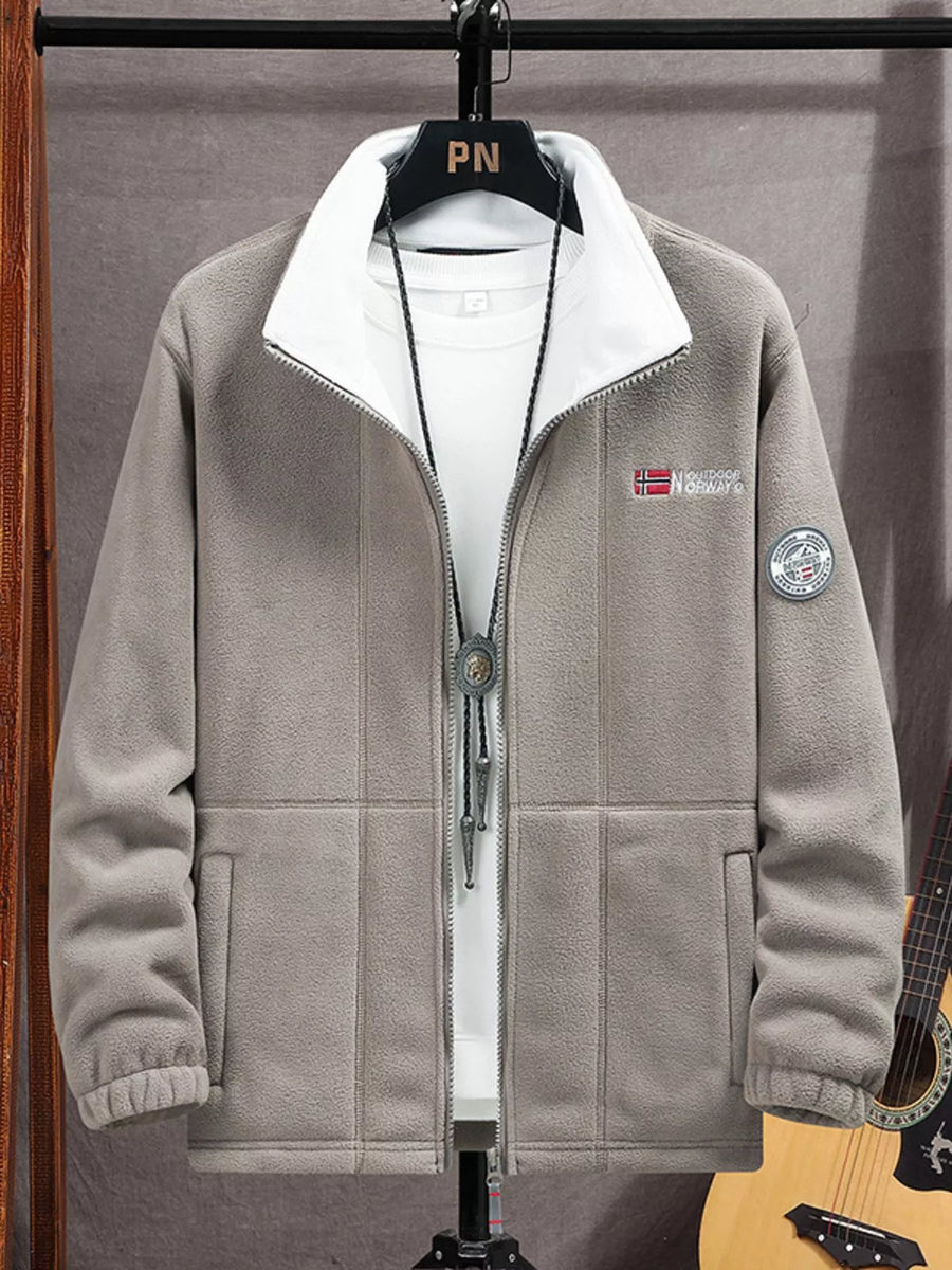Men's grey fleece zip-up jacket with white collar and embroidered details.